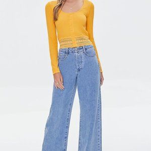 🔥Long Sleeve Mustard ribbed knit crop top with lace S/M